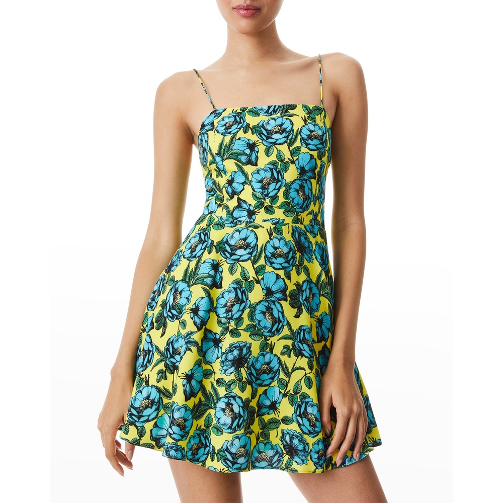 Alice + Olivia Glinda Floral Spaghetti Strap Mini Dress Yellow Blue Size 6